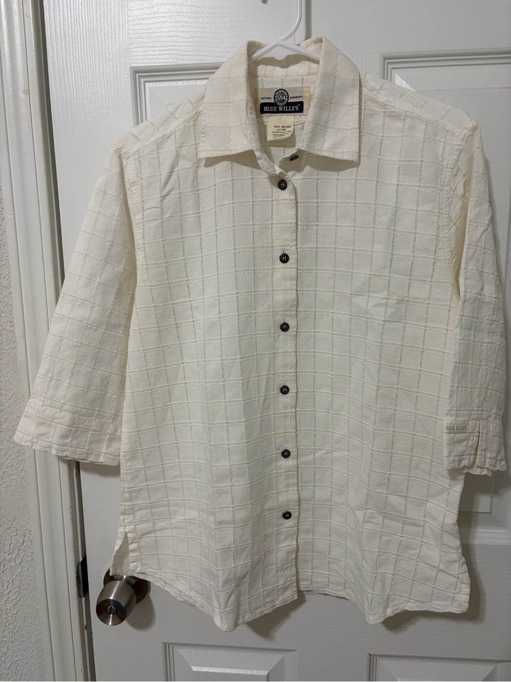 VTG Blue Willi’s Cream Textured ButtonUp Shirt Blouse L Career Office Academia